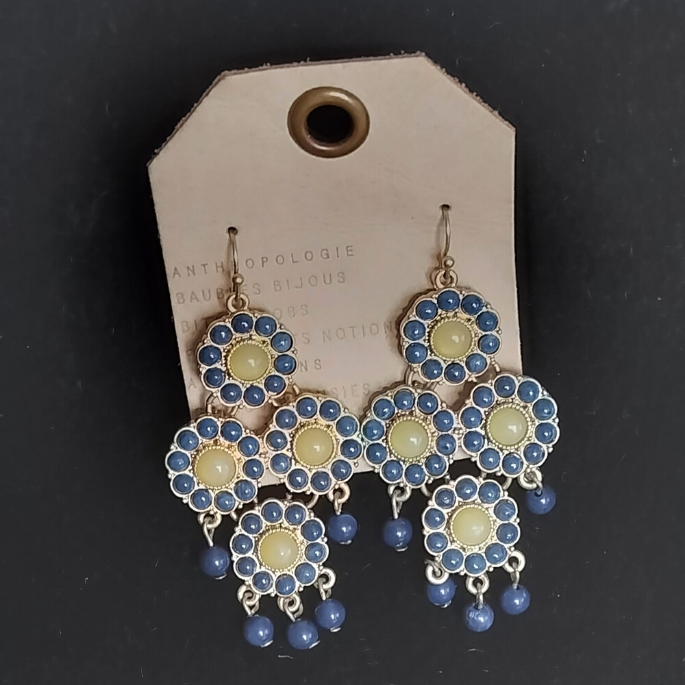 NEW Anthropologie Statement Chandelier Earrings Gold Tone With Blue & Jade